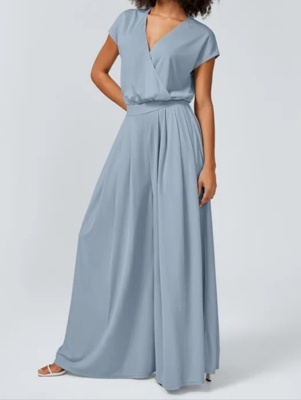 V Neck Short Sleeve Side Pocket Wide Leg Flowy Waffle Casual Jumpsuit